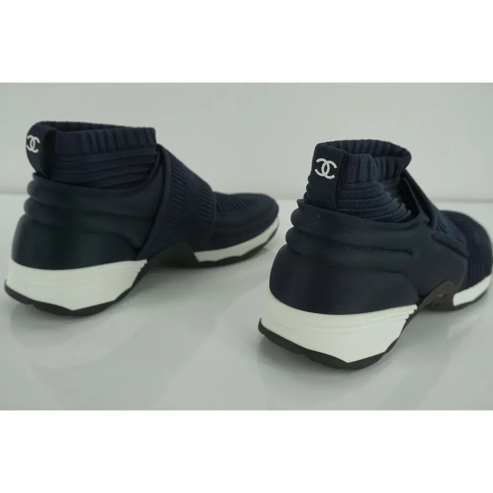 Chanel Navy Blue Stretch Fabric CC Logo High Top Sneaker Sock